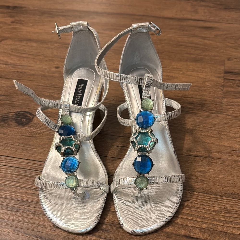 White House Black Market Silver wedges with Blue and Green Gems